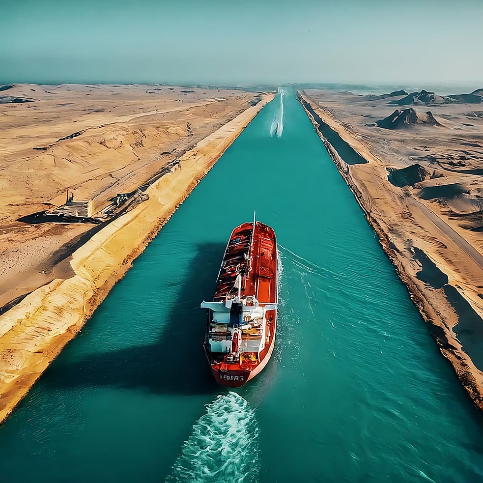 Aerial view of the Suez canal on which a tanker is traveling.