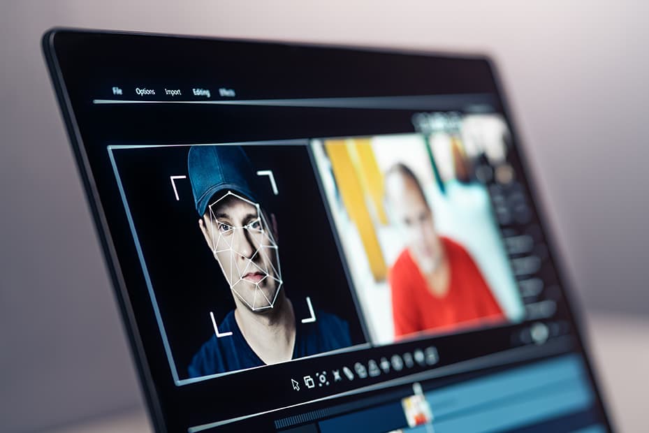 Deepfake and machine learning. Facial tracking, detection and recognition technology. 