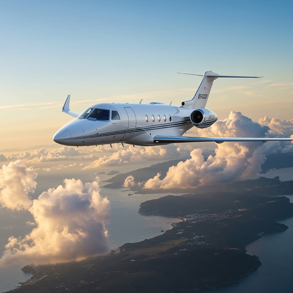 silver private jet in the air against a blue and golden sky