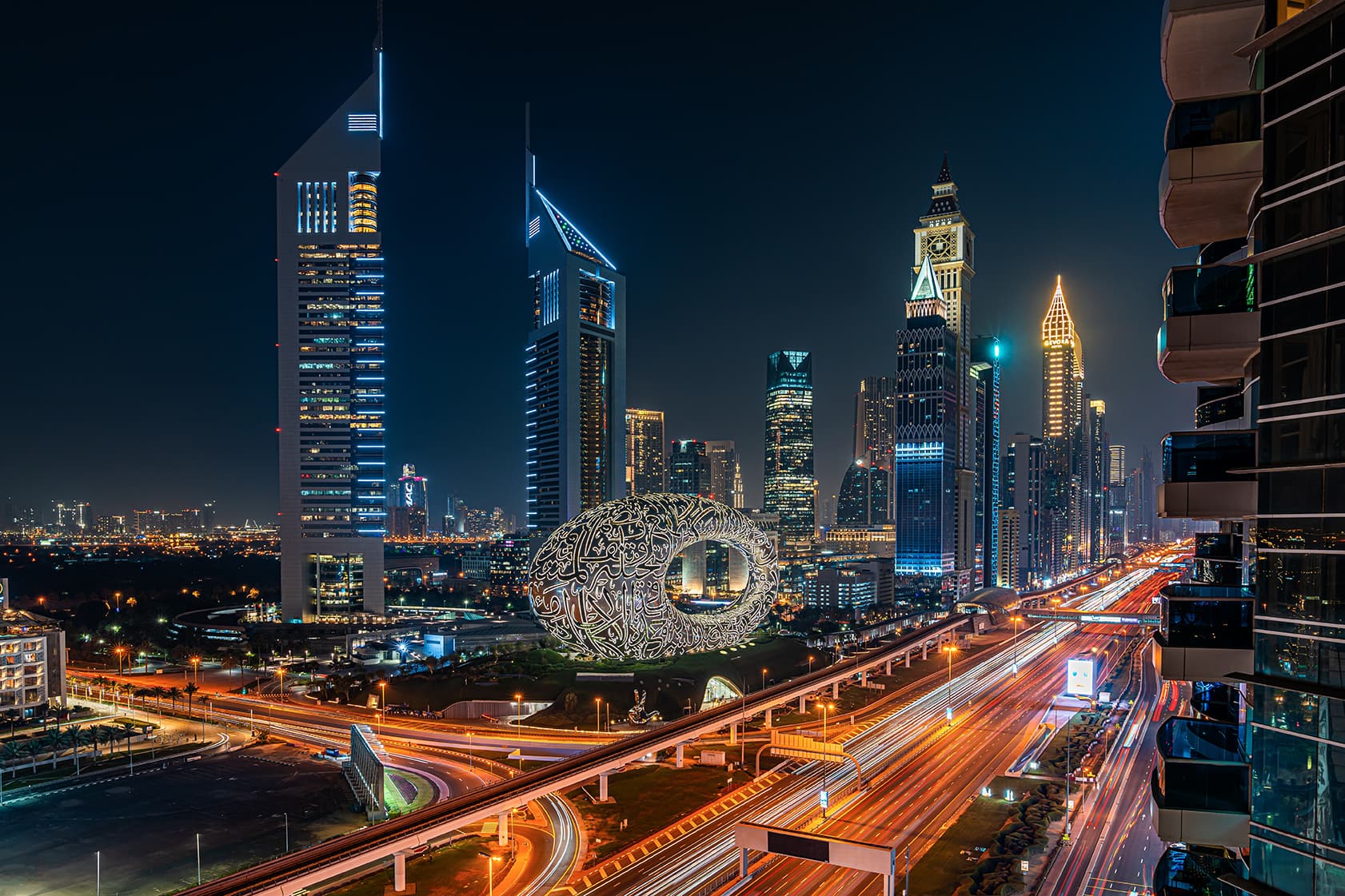 Dubai at night with a view of Museum of the future