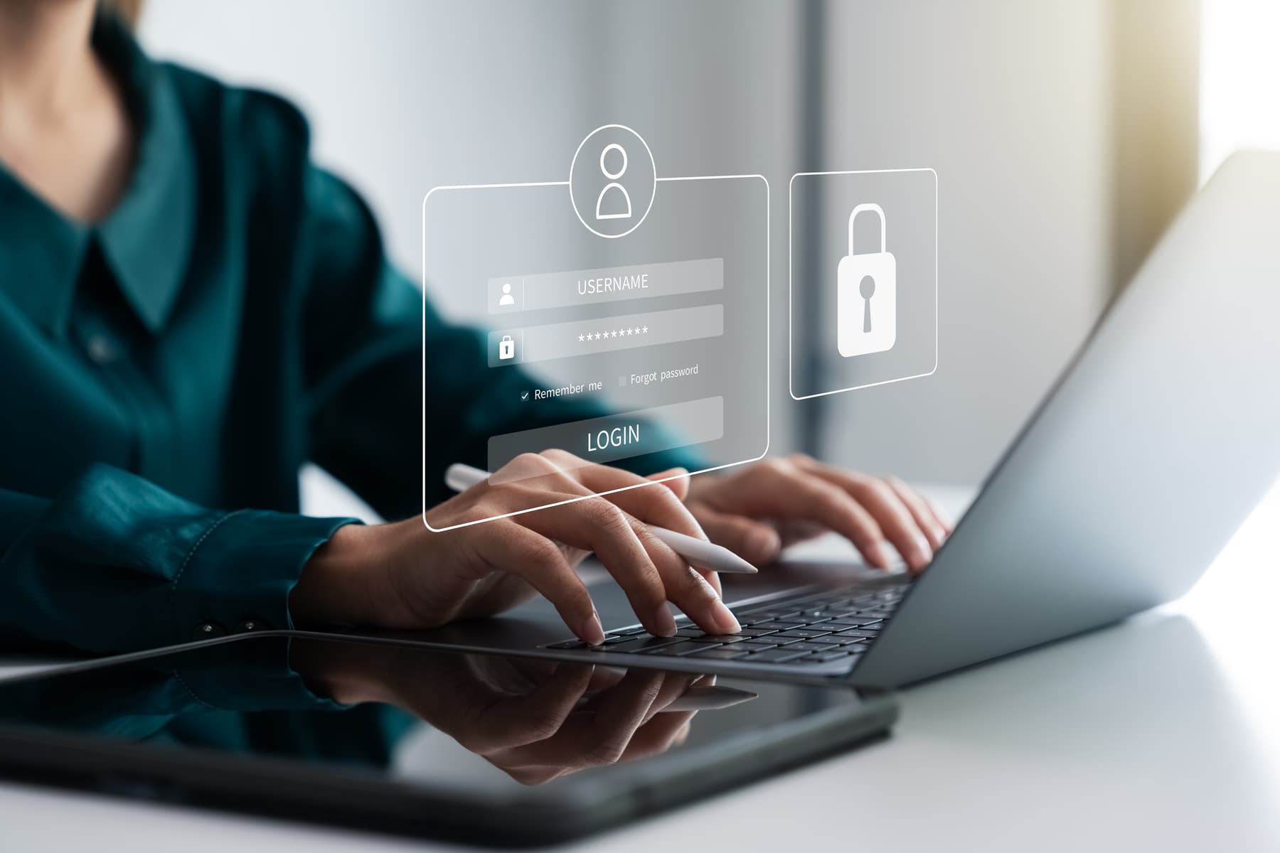 Female typing on a laptop with lock symbol and text overlay above the keyboard. cybersecurity concept