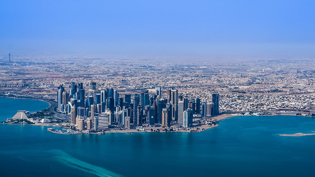 Aerial view of Doha, Qatar from the water