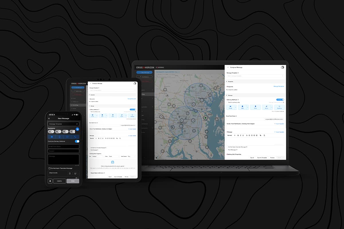 Mass Notification platform screenshots on desktop, laptop, and mobile.