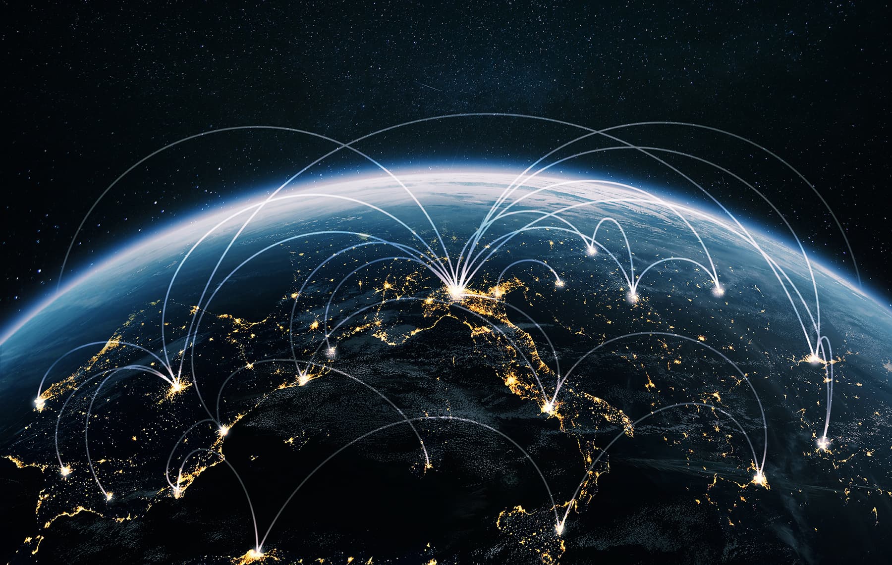 Night planet earth from space with light lines of communication and connection. Business and finance, concept. Global communications system and the World Wide Web. Technologies and communications. Night planet earth from space with light lines of communication and connection. Business and finance, concept. Global communications system and the World Wide Web. Technologies and communications.