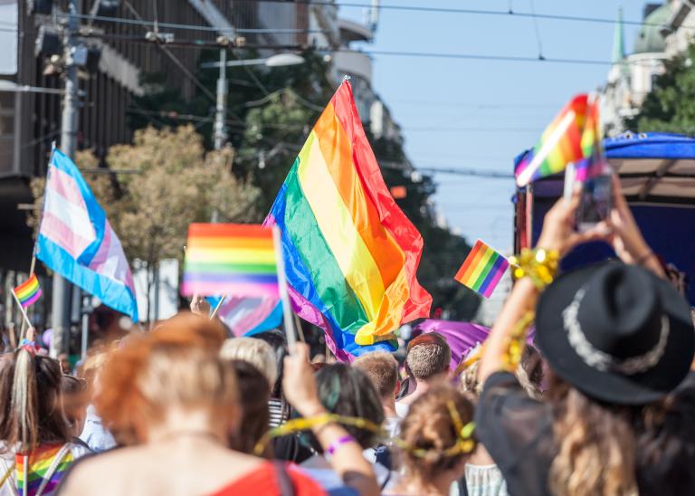 People holding LGBTQ flag at a pride protest.