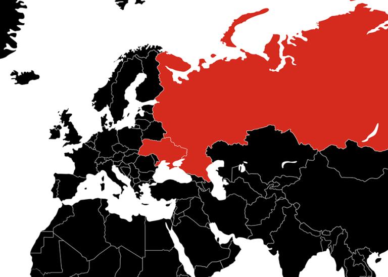 Carte du monde où la Russie et l'Ukraine sont colorées pour souligner les tensions entre les deux pays.